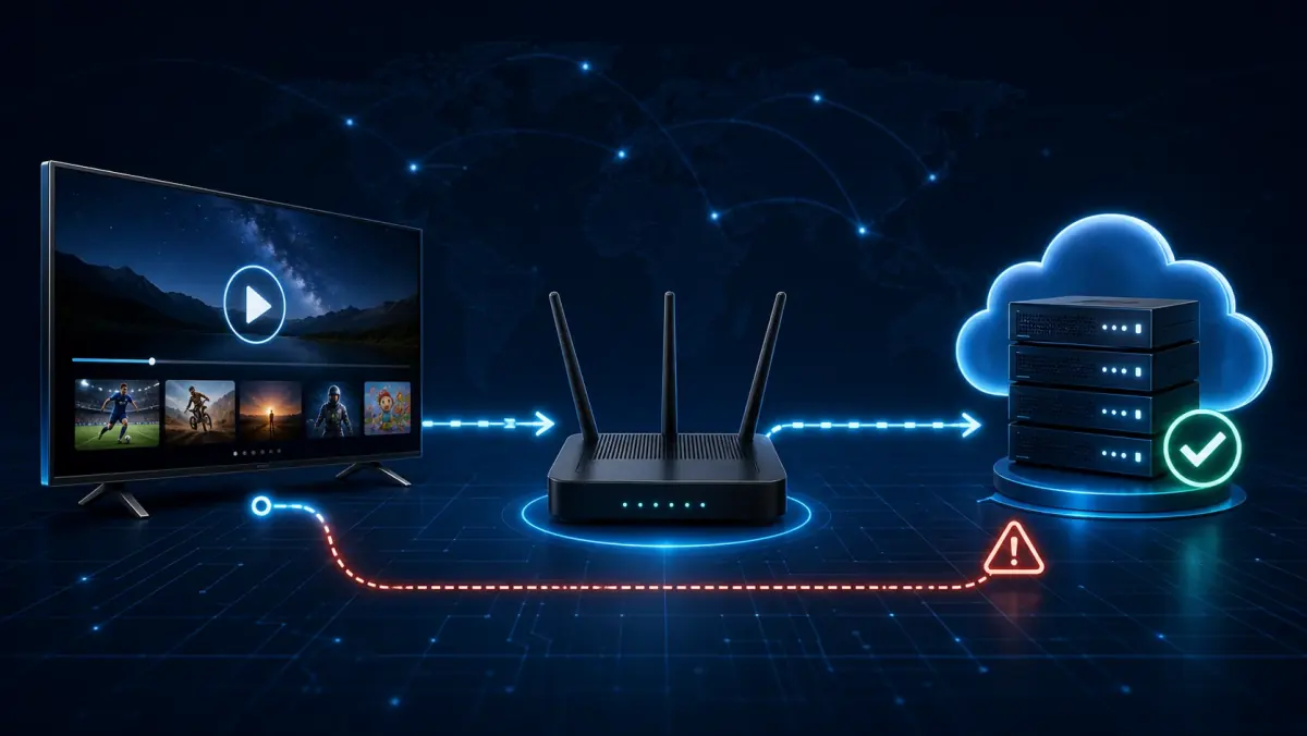 Infographic met een Smart TV, router en alternatieve DNS-server.