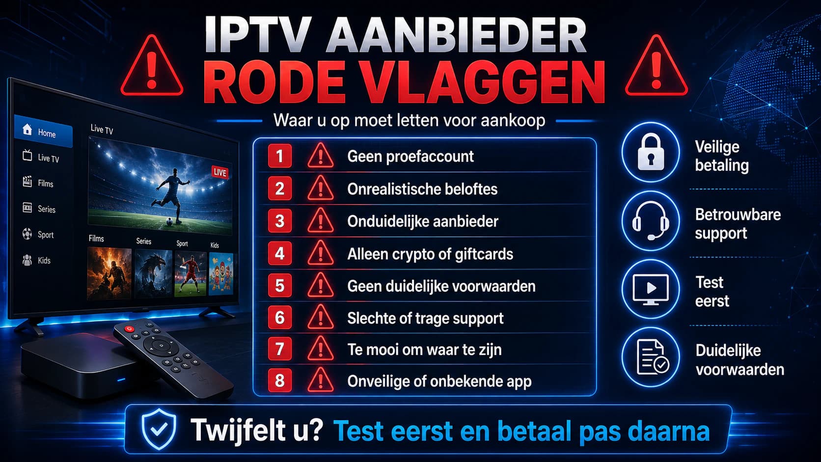 Rode vlaggen en kwaliteitscontroles bij het kiezen van een IPTV-aanbieder.