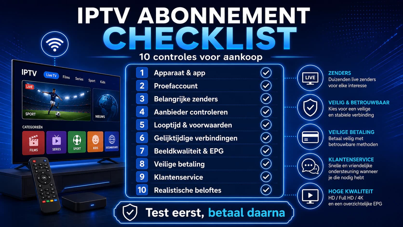 Checklist met tien controles voordat u een IPTV-abonnement koopt.