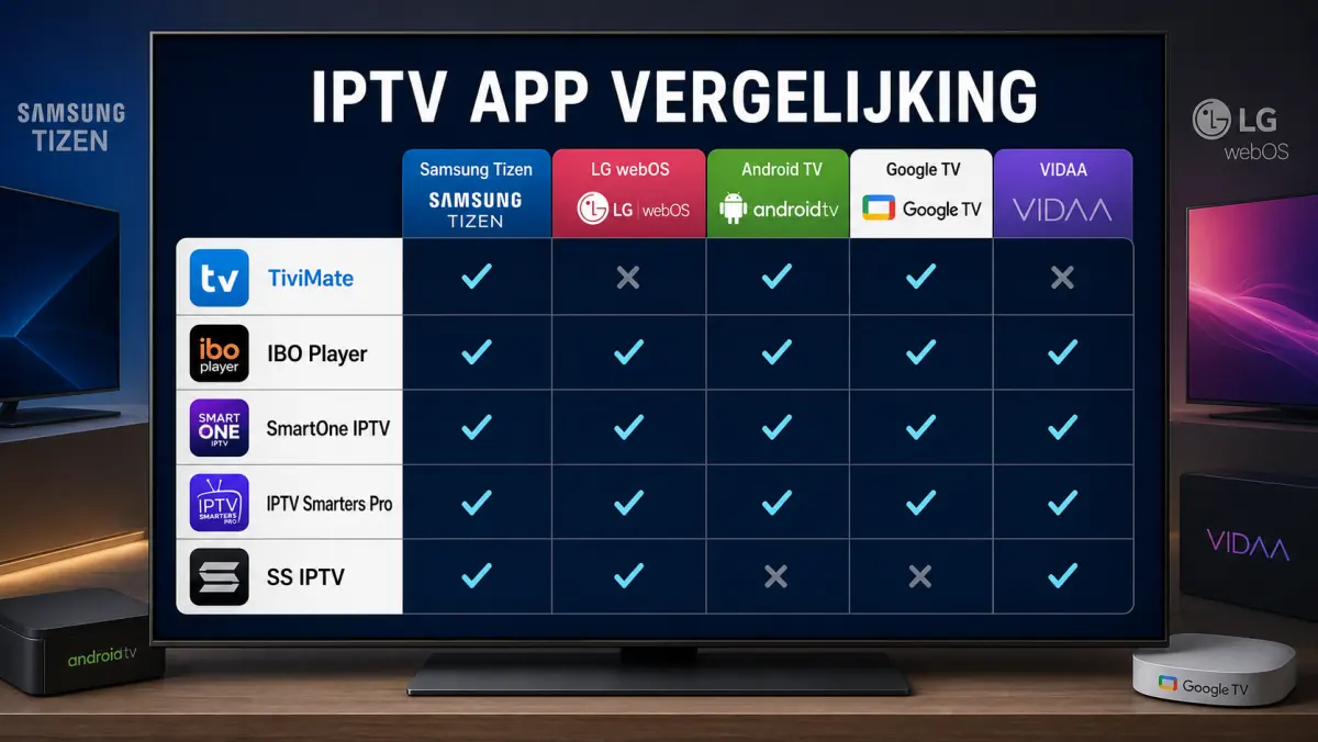 Vergelijking van IPTV-apps op Samsung, LG en Android Smart TV's.