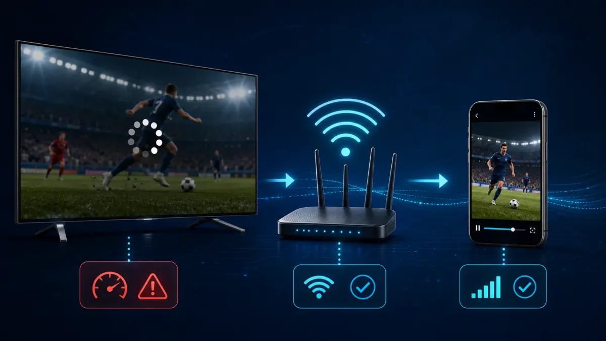 Diagnoseschema voor IPTV-buffering op een Smart TV, router en mobiel apparaat.