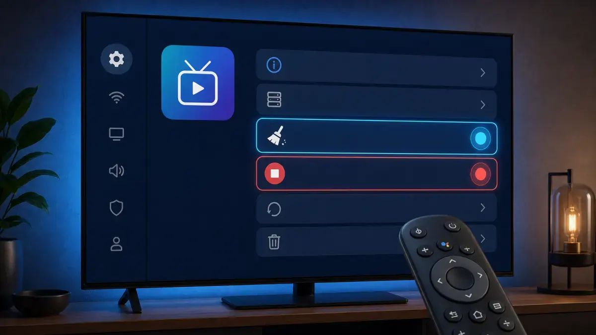 Instellingenmenu van een IPTV-app met de opties Cache wissen en Geforceerd stoppen.