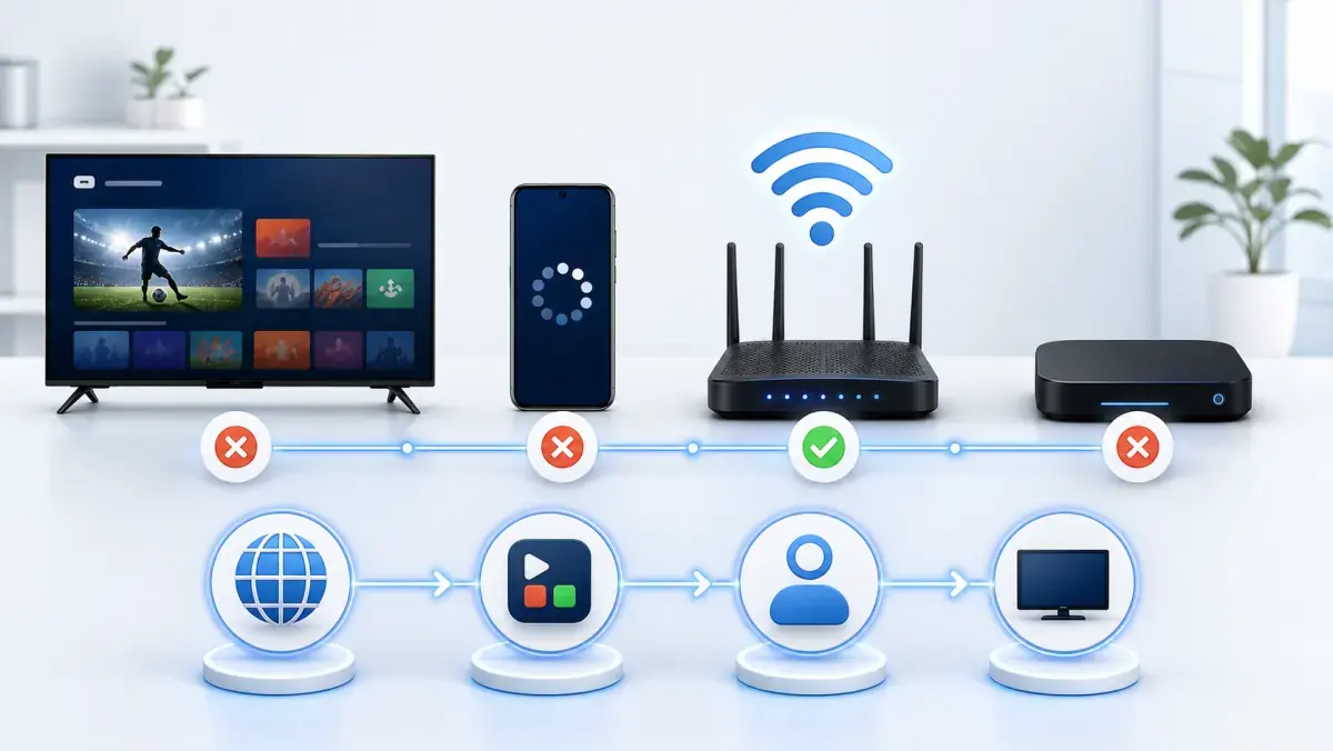 Diagnoseschema voor IPTV-problemen op een Smart TV, telefoon, router en TV-box.