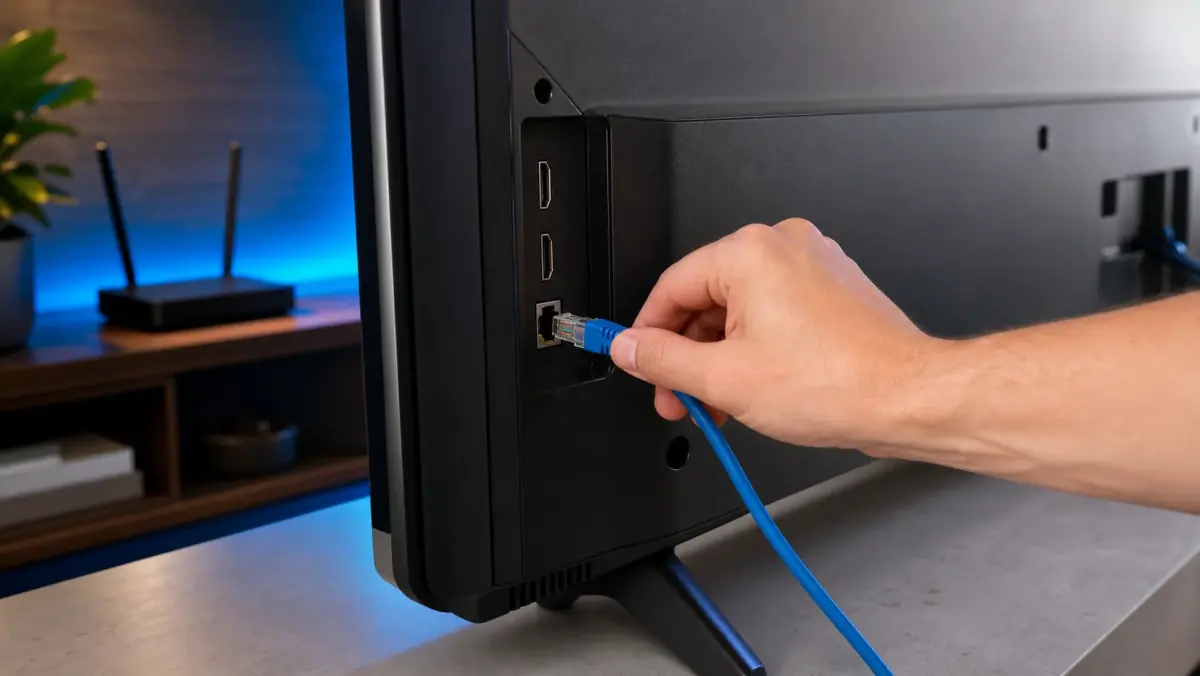 Een ethernetkabel die wordt aangesloten op de LAN-poort van een Smart TV.