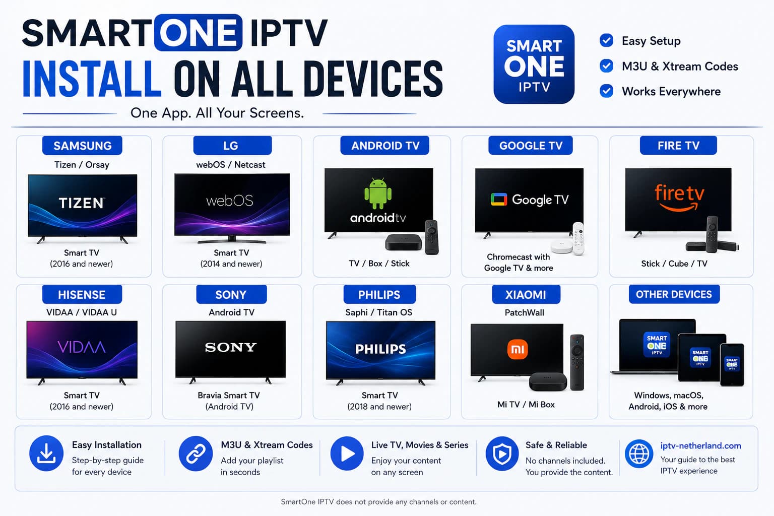 Install SmartOne IPTV on Samsung, LG, Android TV, Google TV and Fire TV.
