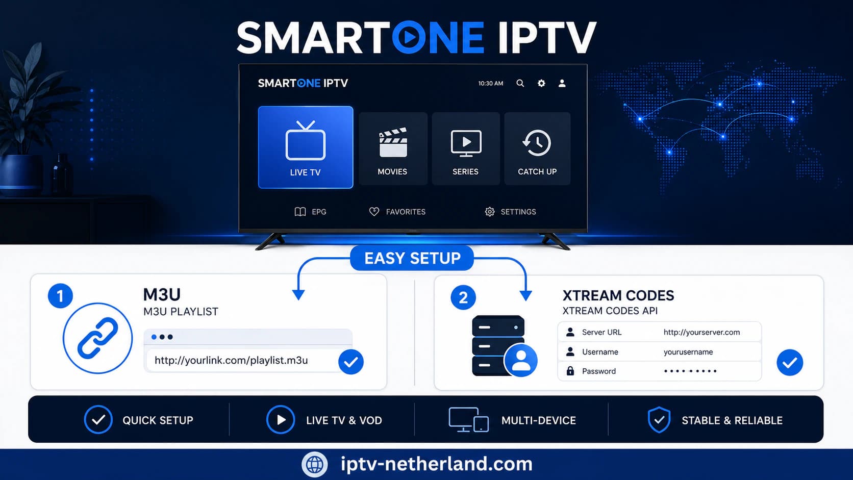 Set up SmartOne IPTV with an M3U link or Xtream Codes on a Smart TV.