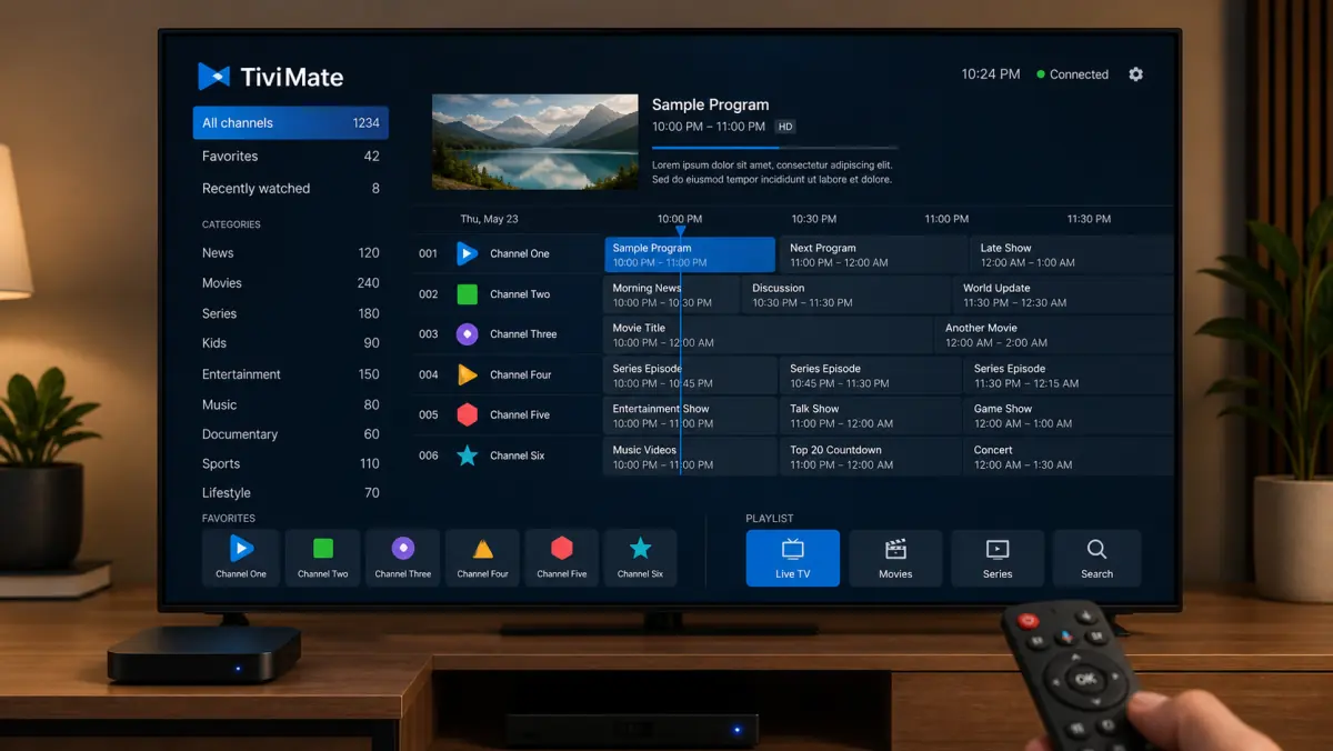 TiviMate op een Android TV met zenderlijst, programmagids en afstandsbediening.