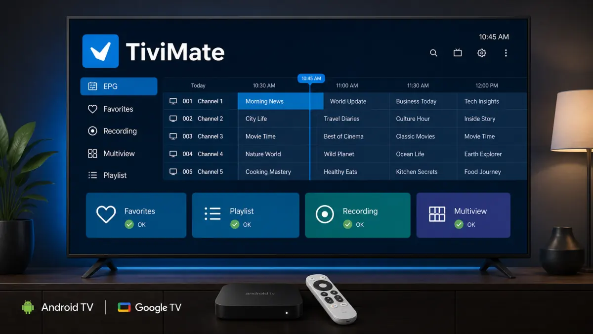TiviMate-interface op een Android TV met programmagids en zendercategorieën.