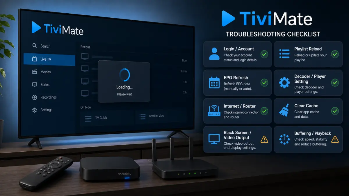 Stappenplan voor het oplossen van TiviMate-problemen met login, EPG, zwart beeld en buffering.