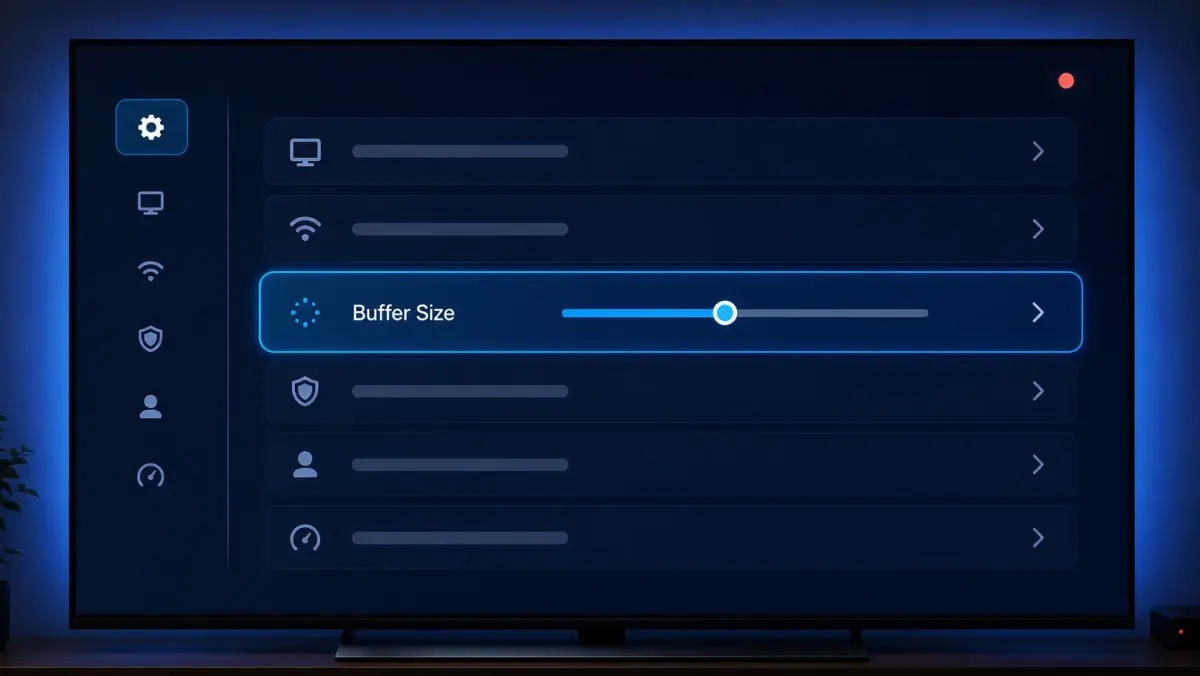 Instellingenmenu van een IPTV-app met de optie voor buffergrootte.