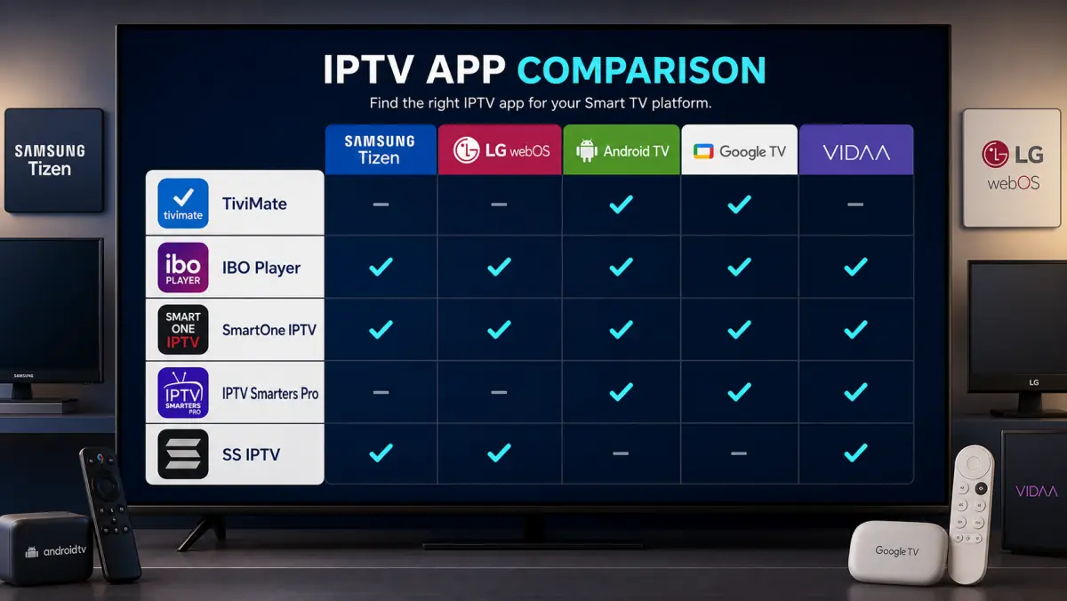 A comparison of IPTV apps on Samsung, LG, and Android Smart TVs.