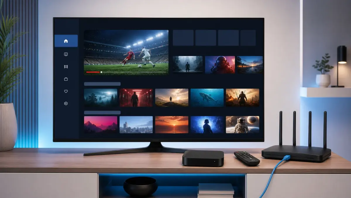 Een Smart TV met een IPTV-app naast een Android TV-box, afstandsbediening en router.