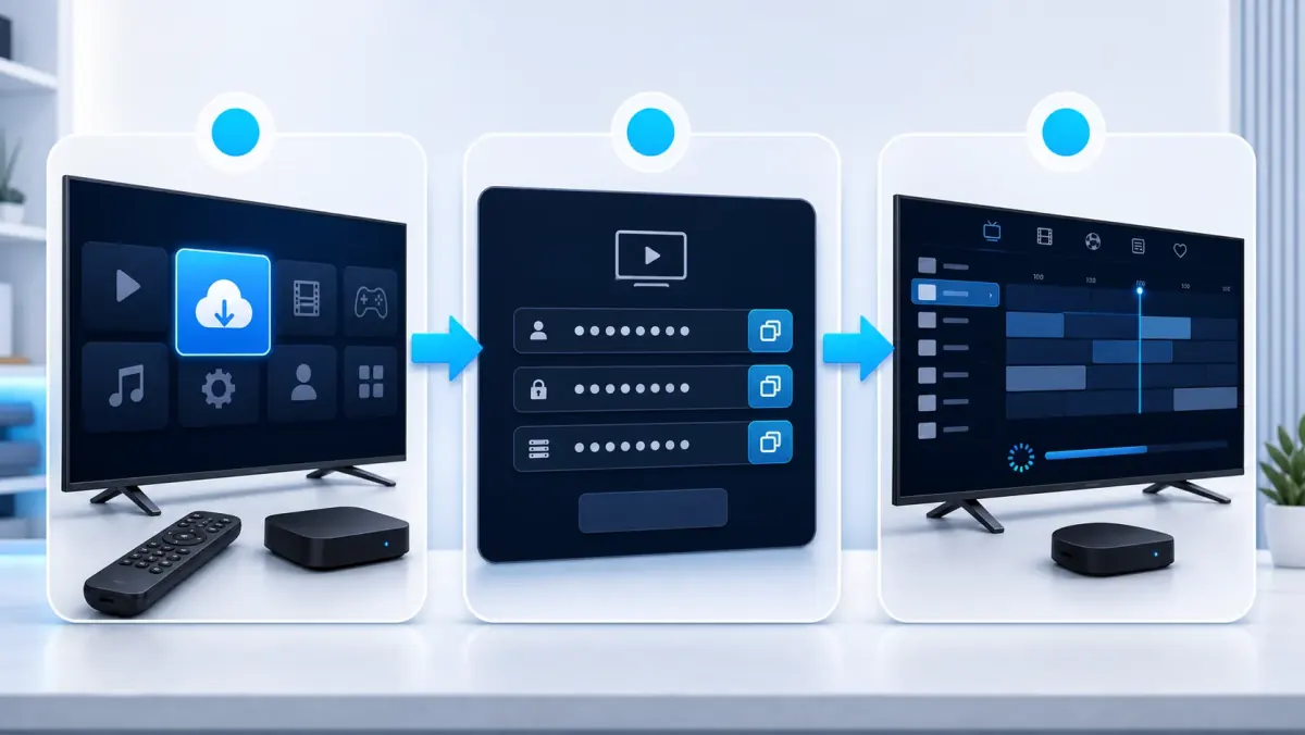 Installatiestappen van IPTV: app downloaden, accountgegevens invoeren en zenders laden.