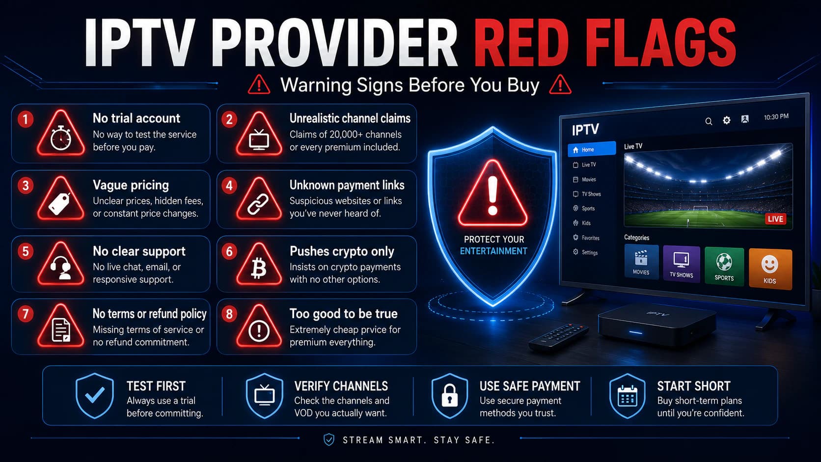 Red flags and quality checks when choosing an IPTV provider.
