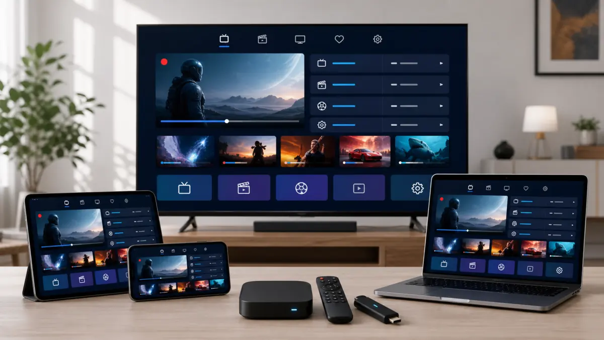 IPTV Smarters Pro displayed on a television, phone, and tablet with live TV, movies, and series.