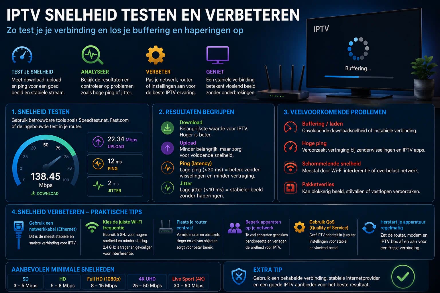 Stappenplan om de internetsnelheid voor IPTV te testen en verbeteren.