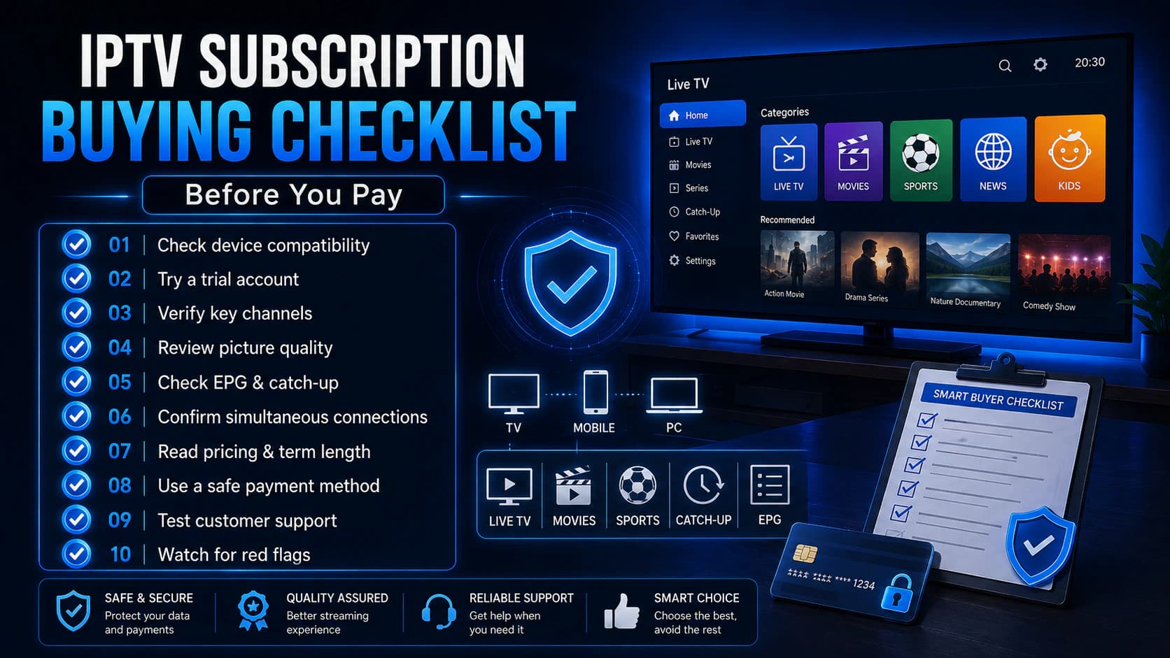 Checklist of ten points to verify before buying an IPTV subscription.