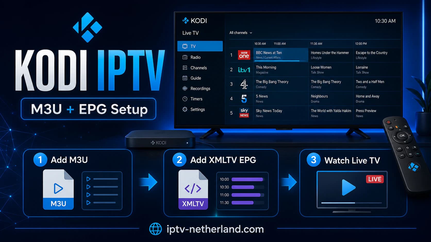 Configure Kodi IPTV using an M3U playlist and XMLTV EPG.