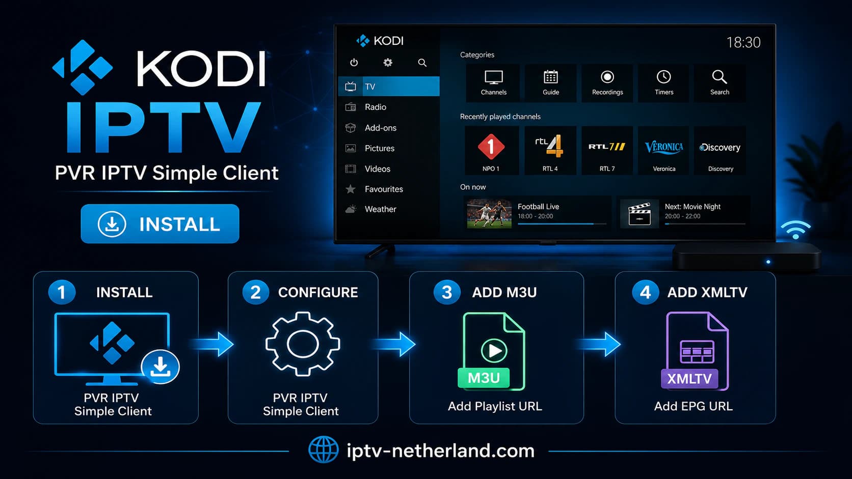 Set up Kodi IPTV with PVR IPTV Simple Client on a TV or streaming device.