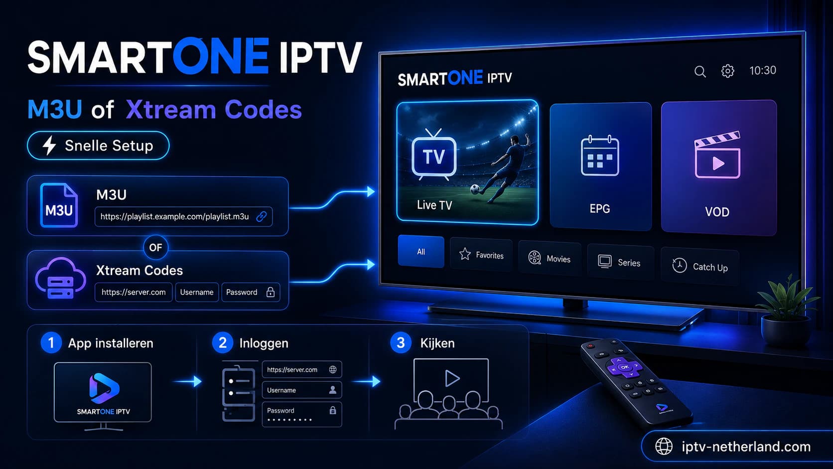 SmartOne IPTV instellen met een M3U-link of Xtream Codes op een Smart TV.