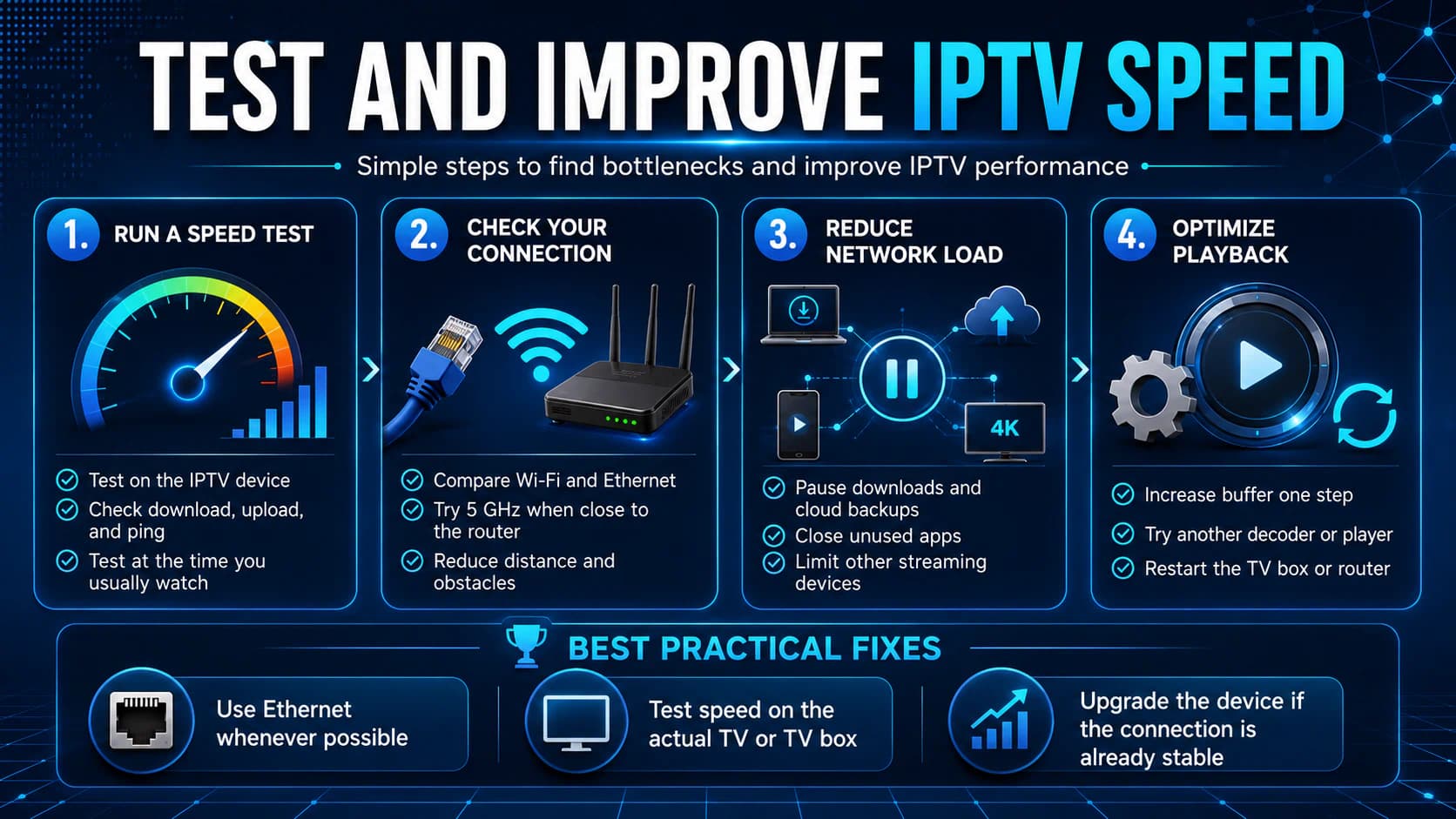 Steps for testing and improving IPTV internet speed.