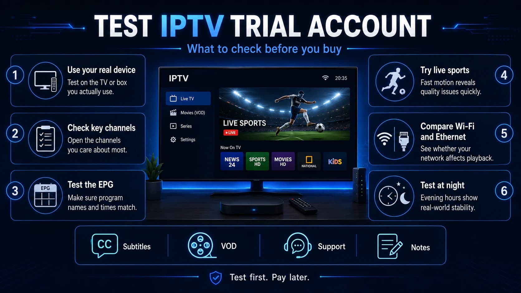 Steps for testing an IPTV trial account on your own television and internet connection.