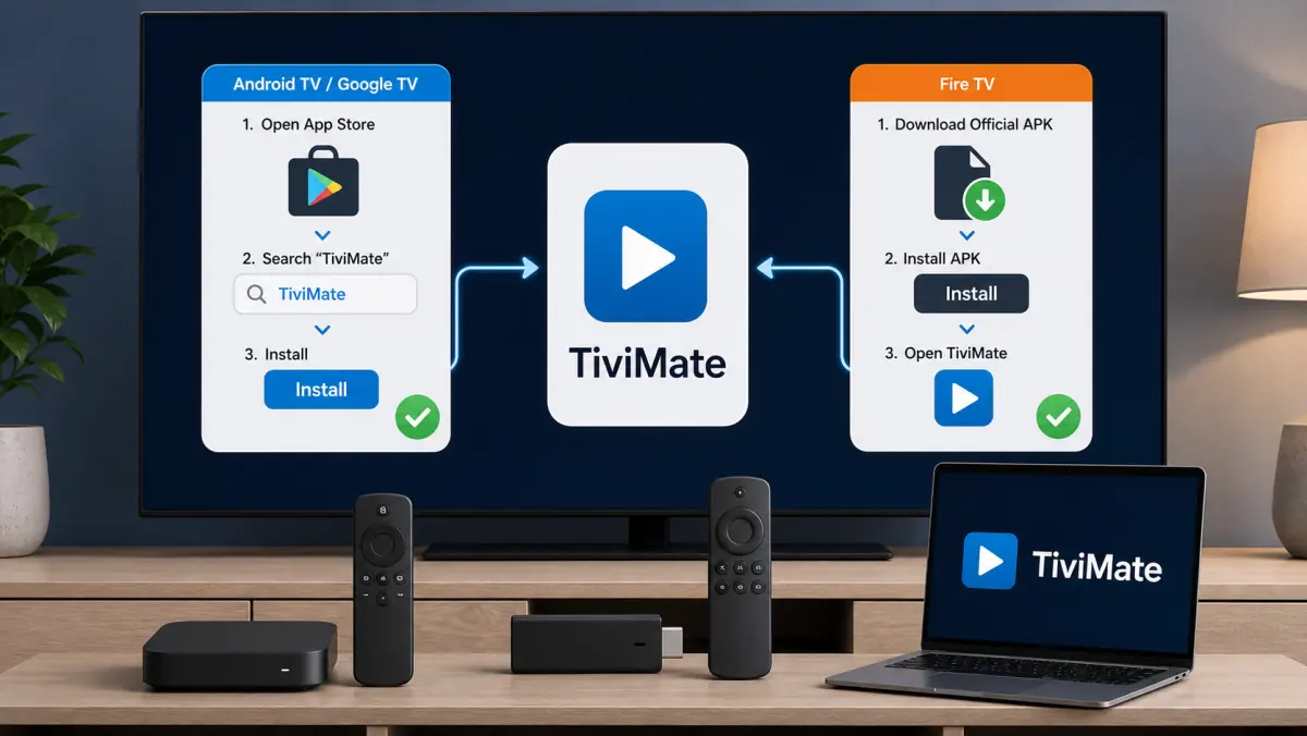 Installing TiviMate on Android TV and Fire TV through Google Play or the official APK file.