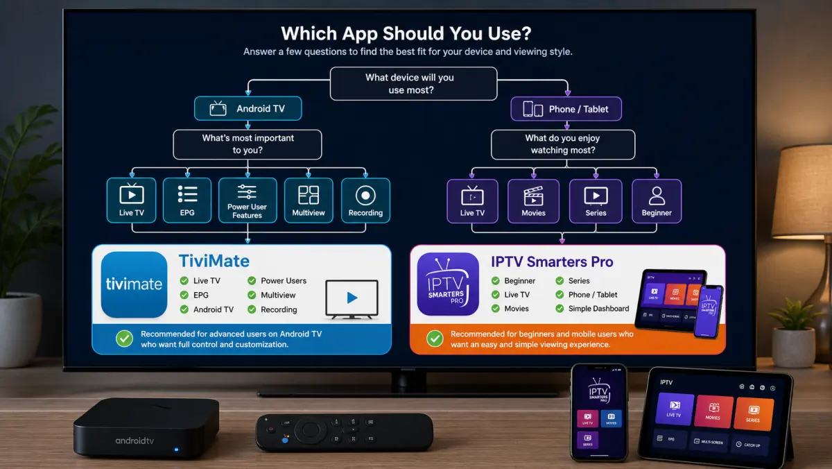 A decision guide for choosing TiviMate or IPTV Smarters Pro based on device and viewing habits.