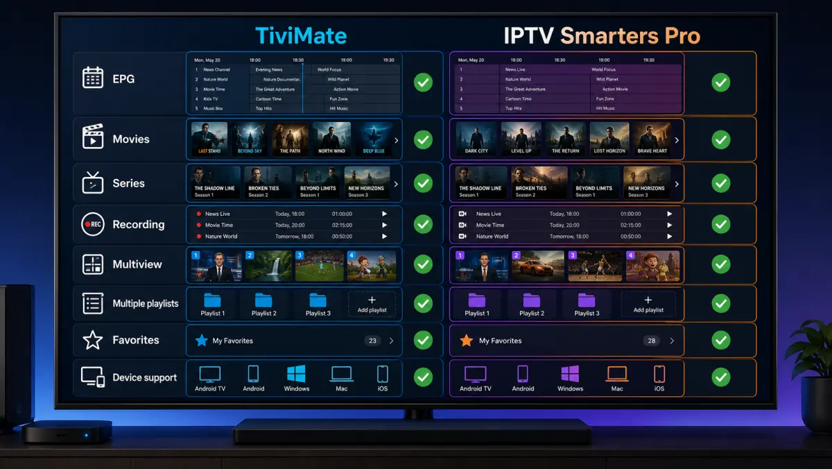 Comparison of EPG, movies, series, recording, and multiview in TiviMate and IPTV Smarters Pro.