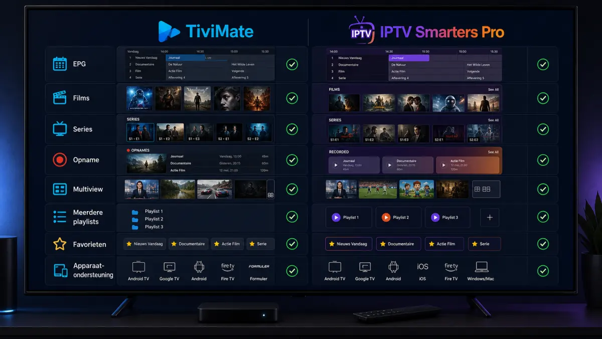 Vergelijking van EPG, films, series, opname en multiview in TiviMate en IPTV Smarters Pro.