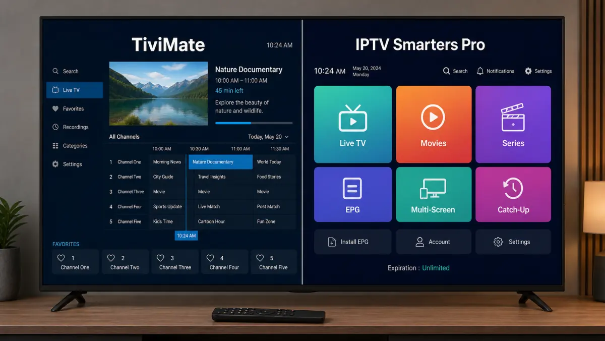 TiviMate and IPTV Smarters Pro displayed side by side on a television.