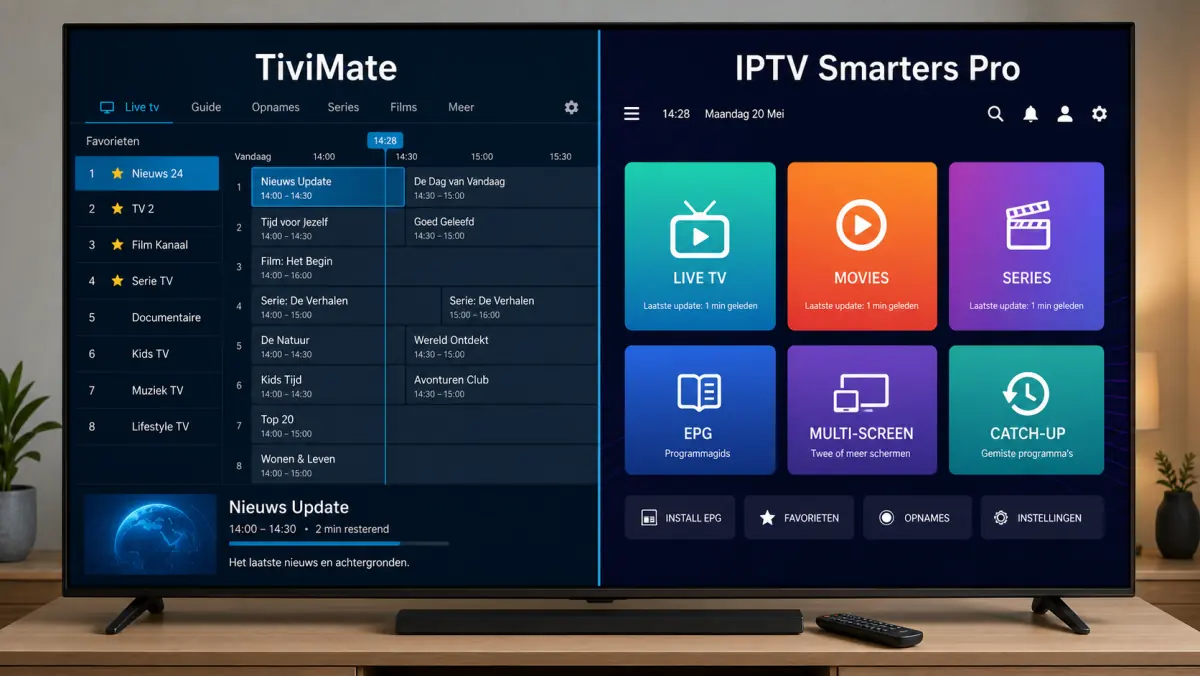 TiviMate en IPTV Smarters Pro naast elkaar op een televisiescherm.