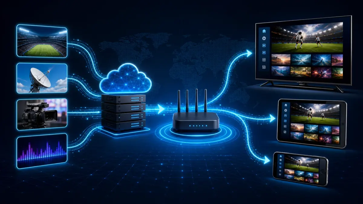 An IPTV explanation diagram showing television channels being delivered through the internet to a Smart TV, tablet, and smartphone.