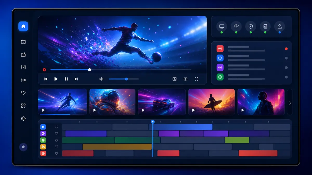 Material-design IPTV-dashboard met iconen voor live tv, VOD en EPG