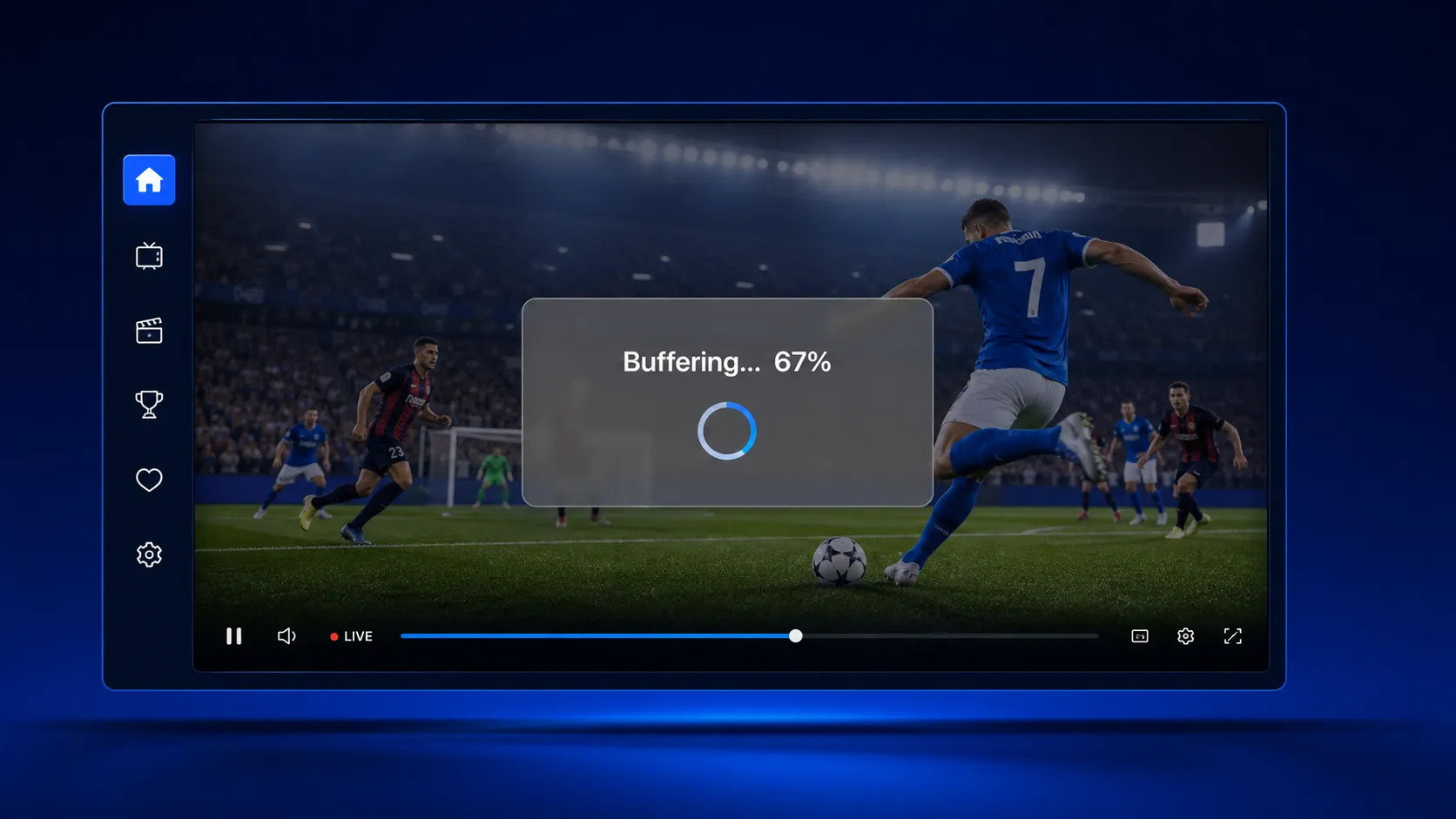 Streaming-speler met een buffering-waarschuwing om te contrasteren met anti-buffer IPTV-prestaties